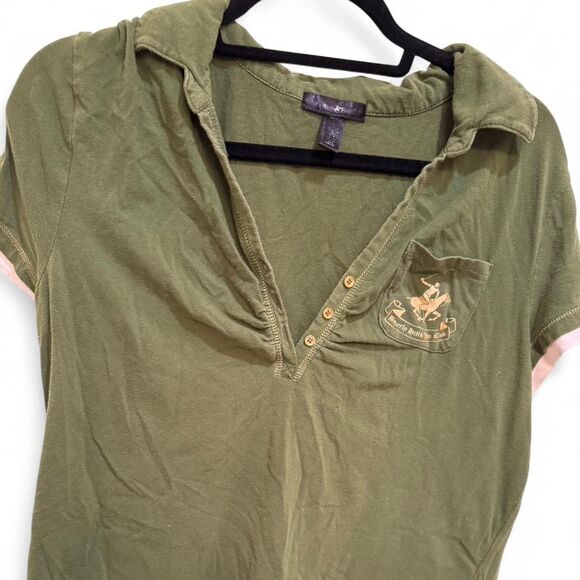 Beverly Hills Polo Club Women's Vintage Y2K Green & Cream Polo Shirt Sz L - Picture 1 of 6